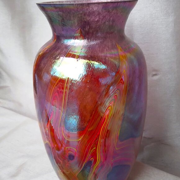Stunning Art Deco Favrile-Style Bohemian Iridescent Layered Ribbon Glass Vase - Picture 3 of 9